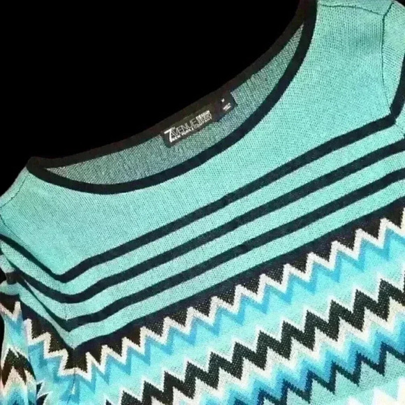 7th AVE NY Womans AQUA BLACK WHITE PINK Knit Shirt LIGHTWEIGHT Stretch Top Med - Picture 4 of 5